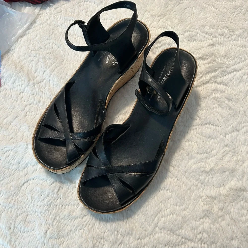 Kork-Ease Black Wedge Sandals Cork Platform Sz 11 Summer Vacation Comfy Vacation